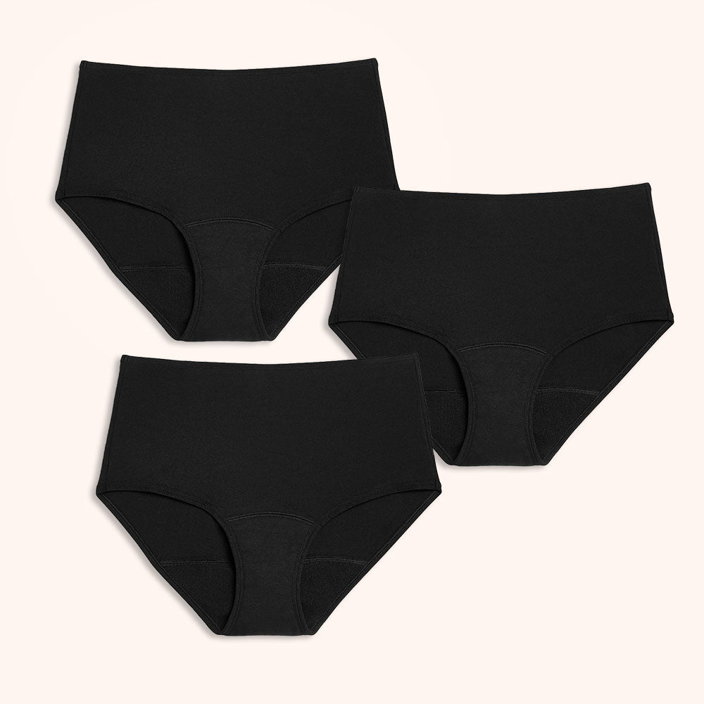 Lot de 3 culottes absorbantes TENA en coton doux, conçues pour l'incontinence légère, offrant confort et protection optimale avec une coupe haute et extensible.