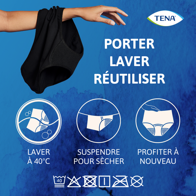 Lot de 3 sous-vêtements en coton biologique TENA réutilisables, confortables et discrets, pour fuites légères. Lavables à 40 °C, sécher suspendus, disponibles S-XXXL.